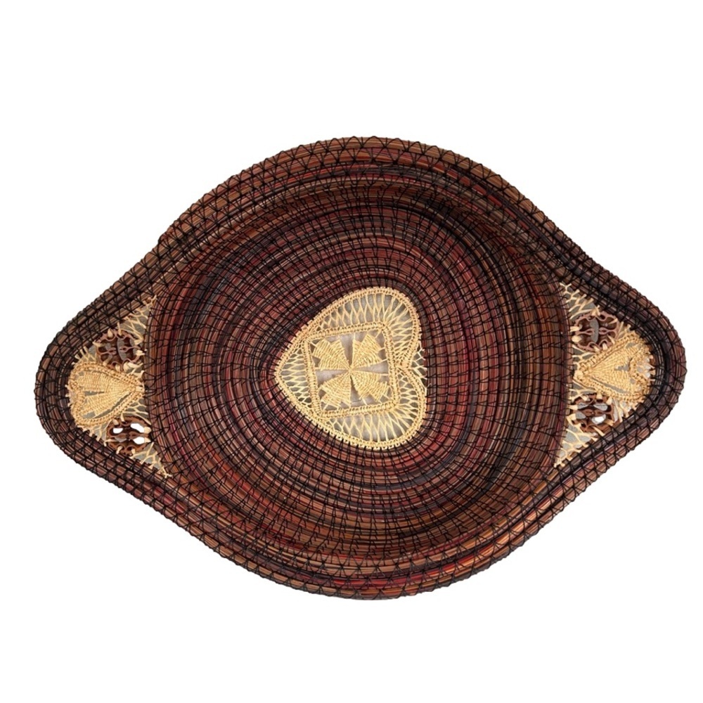 Woven Basket Pine Needle With Nut Shell Slices Natural Heart Design